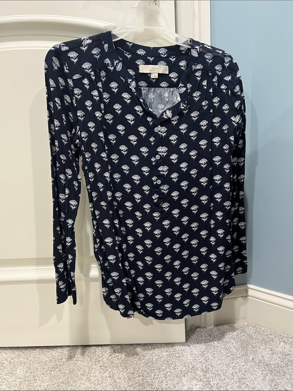 LOFT Navy and White Floral Split-Neck Long Sleeve Top